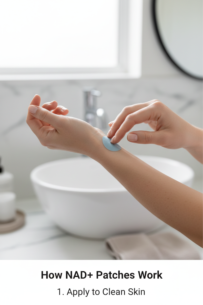 Illustration of applying a NAD+ patch to clean skin